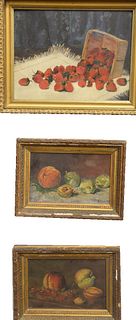 Group of Seven Framed Still Lifes, to include a basket with purple flowers, oil on canvas; cherries, oil on canvas, unsigned; spilled strawberries, oi