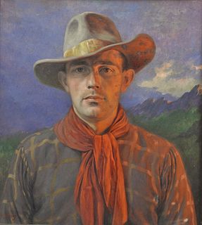 American School (20th century), portrait of a cowboy in mountains, oil on board, signed indistinctly lower right, 24" x 21 1/2". Provenance: Formally 