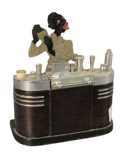 Ronson Black Americana Touch Tip Lighter, in form of a bar/cocktail counter, circa 1950's, having chromed metal and walnut effect enameling, marked to
