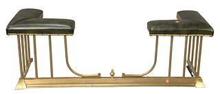 Leather Upholstered Brass Fire Bench, expands and contracts to size desired, height 18 inches.