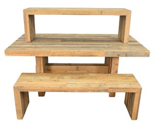 IND Butcher Block Style Table, and two benches, height 31 inches, top 39" x 72".