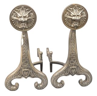 Pair of Iron Andirons with Lion Faces, height 24 inches.