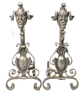 Pair of Iron Andirons with Faces, height 29 inches.