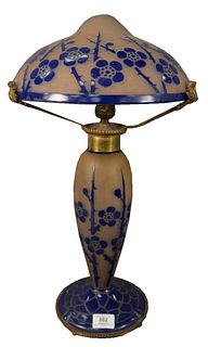 French Cameo Glass Table Lamp, having mushroom shade, with pink ground with blue apple blossoms, height 23 inches overall.