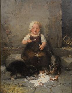 Carl Boker (German, 1836 - 1905), Spilled Milk, oil on wax lined canvas, signed and dated lower right "Carl Boker, 1870" 21 3/4" x 16".