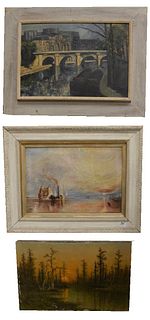 Four Piece Group, to include ships in the moonlight, oil on canvas, unsigned; a european canal scene, oil on board, signed "Klee" lower left; marshsid