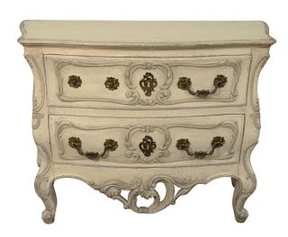 Auffray and Company Louis XV Style Commode, having two drawers with one handle missing, height 34 inches, width 57 inches.