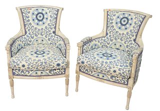 Pair of Louis XVI Style Chairs, having custom upholstery, height 35 inches, width 25 inches.