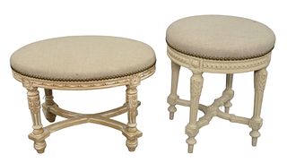 Two Louis XVI Style Stools, having upholstered tops, tallest height 18 inches, diameter 15 inches.