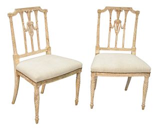 Pair of Louis XVI Style Side Chairs, having newly upholstered seats, height 35 inches, width 21 inches.