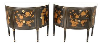 Pair of Chinoiserie Decorated Demilune Commodes, having marble tops, height 34 inches, width 42 inches, (one key broken).