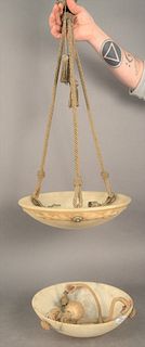Two French Art Deco Style Hanging Dome Lights, both carved alabaster, one having one light, the other having three lights, diameters 12 and 14 inches.