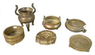 Six Piece Group, to include small bronze Chinese censors and stands, tallest height 6 5/8 inches, diameter 4 1/2 inches.
