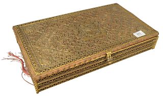 E.F. Caldwell Gilt Bronze Humidor, having original lock and key, height 2 3/4 inches, width 17 3/4 inches, depth 9 3/4 inches, (loss to the velvet on 