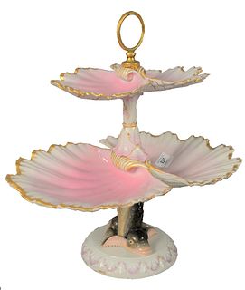 Meissen Two Tier Compote, having shell form tiers and dolphin form support on round foot, height 17 inches, width 16 inches.