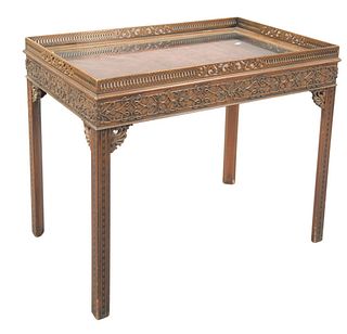 Chinese Chippendale Vitrine Table, having gallery and opening glass top on carved square legs, height 29 inches, top 22" x 35".