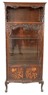 Art Nouveau Vitrine, with Gallery having open work sides over glass door with floral inlays, height 69 1/2 inches, width 29 1/4 inches, depth 13 1/2 i