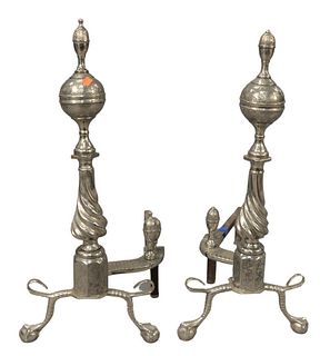 Pair of Silvered Tall Andirons, having log stops, height 30 inches.
