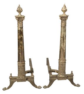 Pair of Tall Silvered Andirons, having flame finials, height 30 inches.