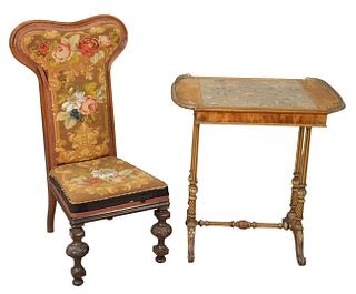 Two piece lot to include a Continental Gaming Table, having painted miniature scene under glass, 19th century, along with a needle point side chair, h
