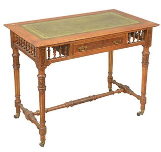 Oak Writing Table, having inset leather surface, height 28 inches, top 21" x 36".
