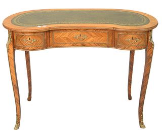 Louis XVI Style Kidney Shaped Desk, having tooled leather top and three drawers with brass mounts, height 29 inches, top 19" x 39".