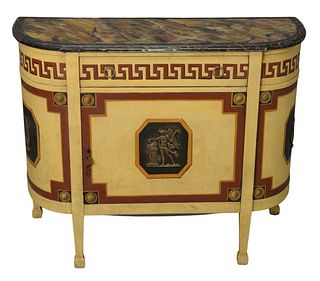 Neoclassical Paint Decorated Commode, having one drawer over one door, height 35 inches, width 45 inches, depth 18 inches.