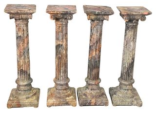 Set of Four Faux Marble Italian Pedestals, on fluted columns, height 36 inches, top 10" x 10".