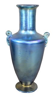 Tiffany Studios Blue Favrile Glass Vase, having a cylindrical neck and two small scroll handles mounted to the shoulder, height 12 inches.