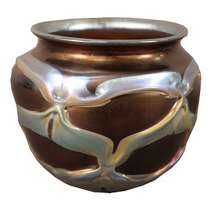 Attributed to Tiffany Studios Favrile Glass Vase, having blue details, height 5 1/2 inches, diameter 6 inches, having a Tiffany label adhered to the u
