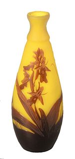Galle Cameo Art Glass Cabinet Vase, having yellow ground with brown floral pattern, marked "Galle" height 5 1/4 inches.