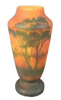 Daum Nancy Cameo Vase, having etched sunset lake scene, maked "Daum Nancy" height 9 inches.