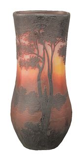 Daum Nancy Cameo Vase, having etched sunset lake scene, marked "Daum Nancy" height 8 1/2 inches.