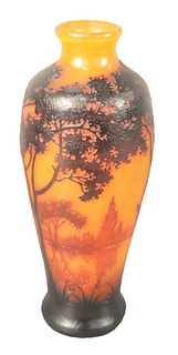 Daum Nancy Cameo Vase, having etched sunset lake scene marked "Daum Nancy" height 8 inches.