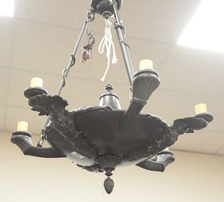 French Empire Style Hanging Light, having six lights, three having figural supports, diameter 26 inches.