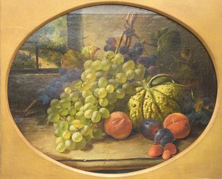 American School (19th century), still life with grapes and a pumpkin, oil on canvas, unsigned, sight in current oval mat 17 1/2" x 19 1/2".