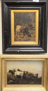 Two Framed Paintings of Cows, Thomas Bigelow Craig (1849 - 1924), "By the Brookside," signed lower left "Thos B Craig" original label on back, along w