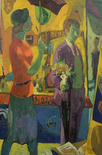 Irving Marantz (American, 1912 - 1972), "Young Couple with Flowers," oil on relined canvas, signed and dated lower right "Marante 57," 36" x 24".