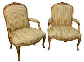 Pair of Louis XV Style Upholstered Chairs, height 40 inches, width 28 inches.