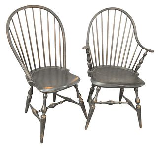 Set of Six Warren Chair Works Windsor Chairs, in original paint, to include two arm and four side, height 38 1/2 inches.
