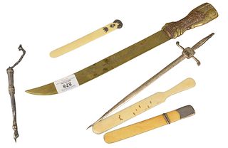 Six Piece Group of Brass and Bone Page Turners, one brass in the form of a samurai sword with hand, longest 15 1/2 inches.