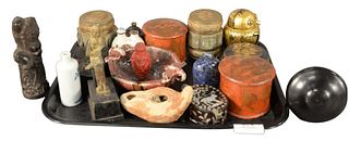 Large Group of Collectible Items, to include terracotta oil lamp; Egyptian bronze figure; cinnabar box; papier mache boxes; two enameled brass boxes; 