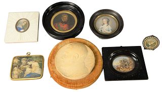 Group of Seven Framed Miniature Paintings, largest diameter 6 inches.