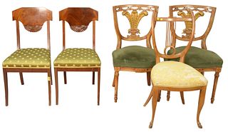 Group of Five Side Chairs, to include two Empire, harp back, along with a pair of Federal style chairs, all with upholstered seats.