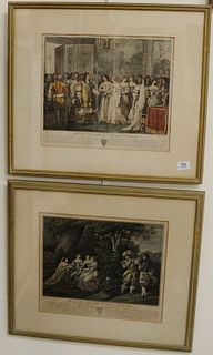Five Piece Group of 19th Century French Hand Colored Engravings, showing French court, each inscribed in plate in French, throughout the lower margins