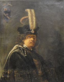 19th Century or Later Copy of Rembrandt's "Self Portrait, Wearing a White Feathered Bonnet", oil on canvas with a war seal on the reverse, unsigned, 2