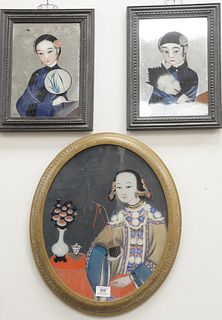 Three Chinese Reverse Paintings on Glass, 16 1/2" x 13 1/2" largest.