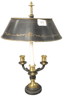 French Bouillotte Table Lamp, having gilt brass and three arms with adjustable tole shade, height 26 inches.