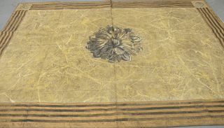 Large Canvas Painted Rug, having a brown floral design to the center, height 7' 1", width 10' 2".