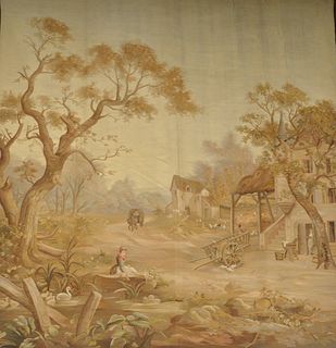 Continental Tapestry, having village scene, 74" x 78".